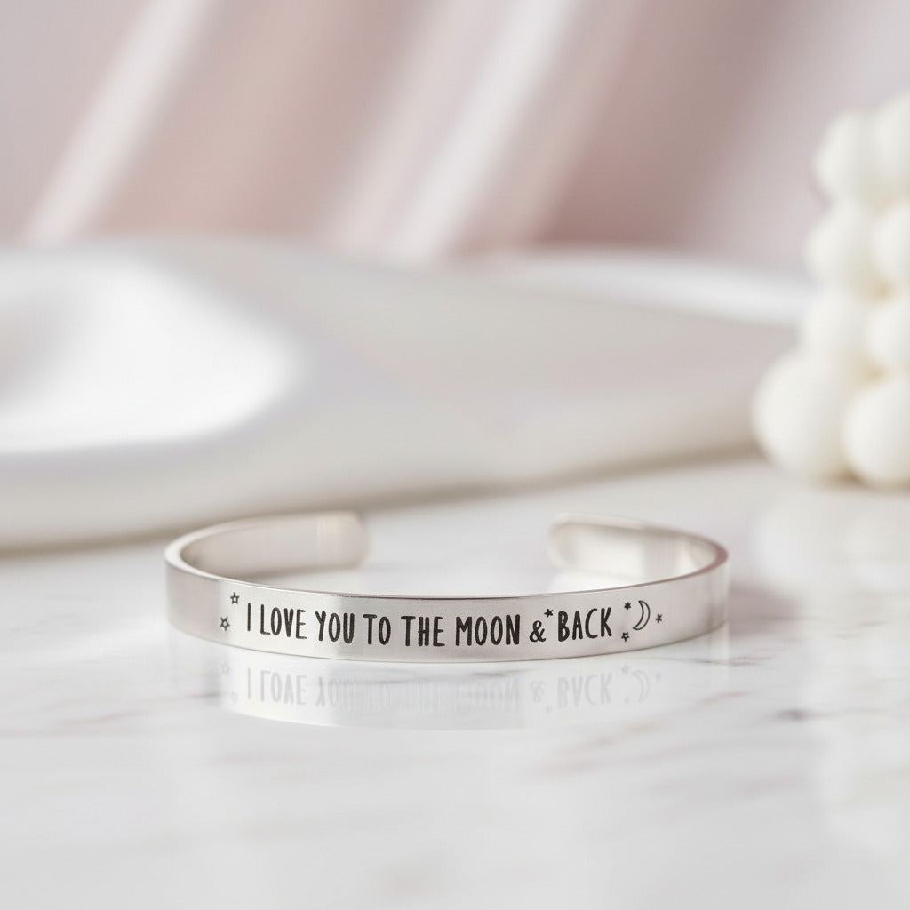 I Love You To The Moon And Back Stainless Steel Bangle-Black Diamonds New York