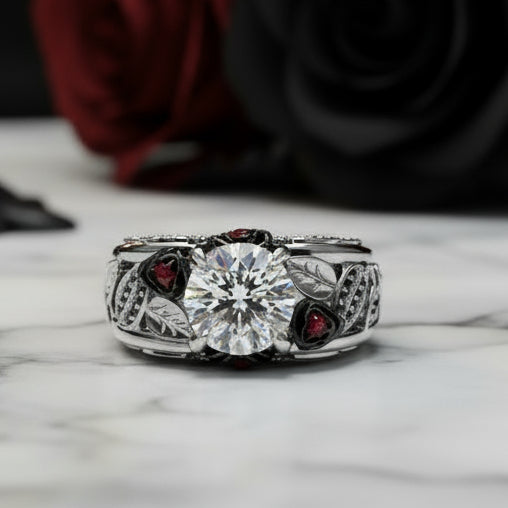I Want You Promise Ring- 1.5 ct Round Cut Diamond and Black Roses Gothic Ring-Black Diamonds New York