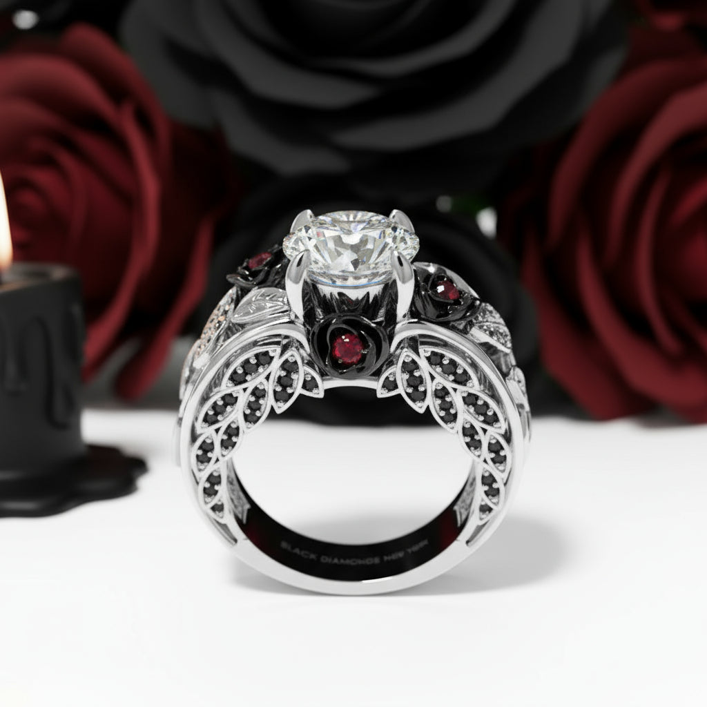 I Want You Promise Ring- 1.5 ct Round Cut Diamond and Black Roses Gothic Ring-Black Diamonds New York