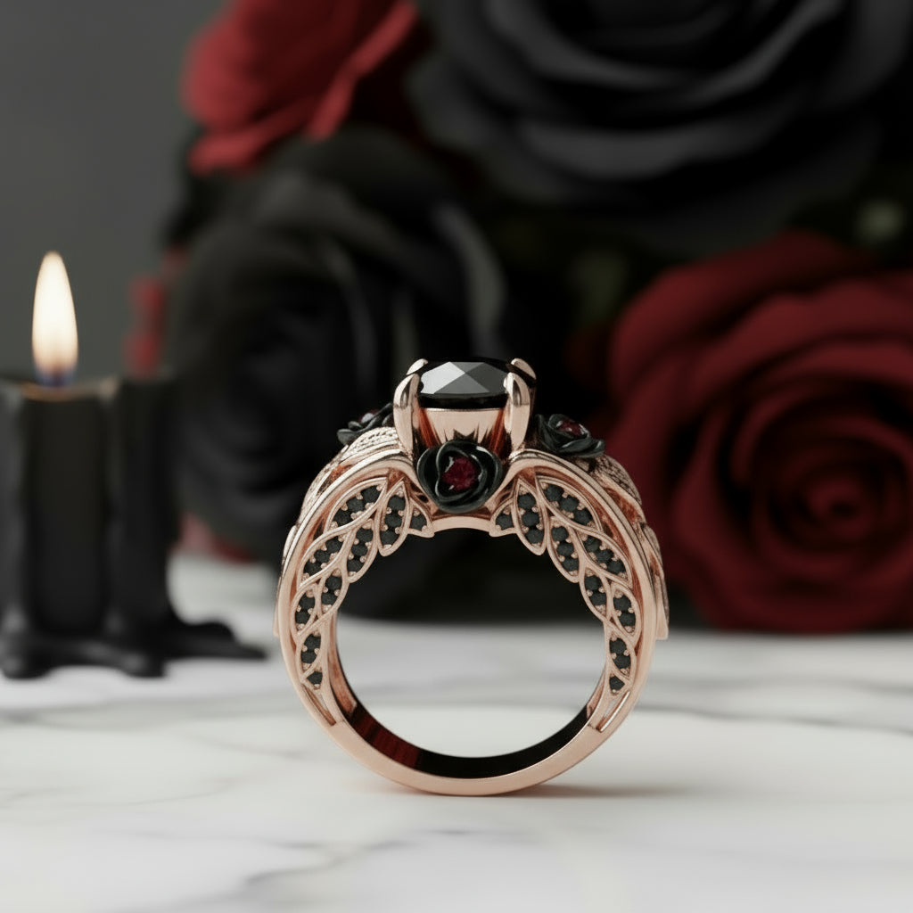 I Want You Promise Ring- 1.5 ct Round Cut Diamond and Black Roses Gothic Ring-Black Diamonds New York