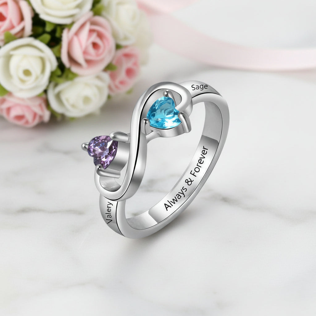 Infinity Ring Custom Heart Birthstone & Name Ring-Black Diamonds New York