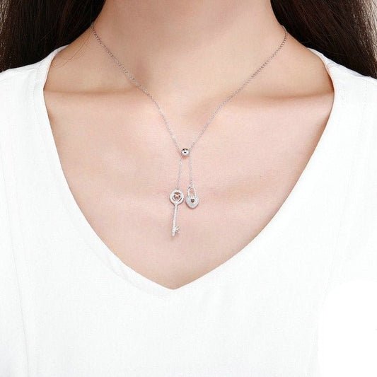Key of Heart Lock Chain Necklace-Black Diamonds New York