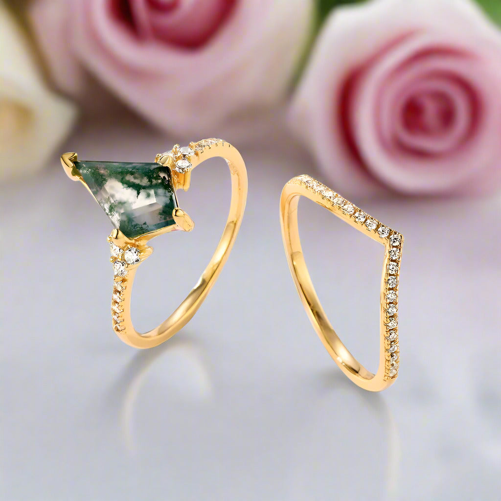 Kite Shaped Natural Moss Agate Promise Ring Set-Black Diamonds New York