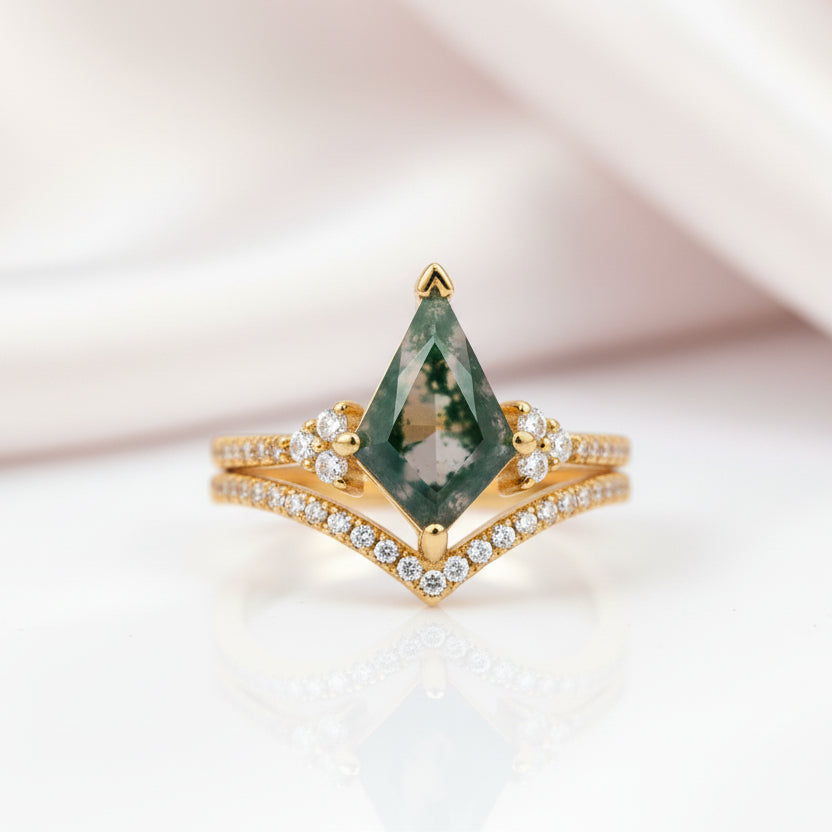 Kite Shaped Natural Moss Agate Promise Ring Set-Black Diamonds New York