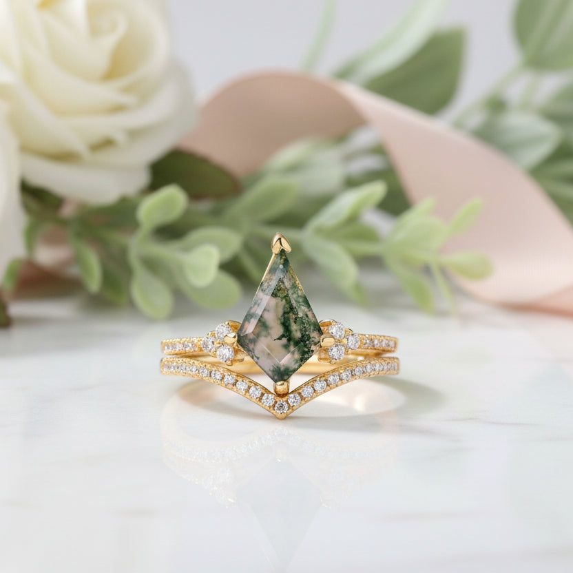 Kite Shaped Natural Moss Agate Promise Ring Set-Black Diamonds New York