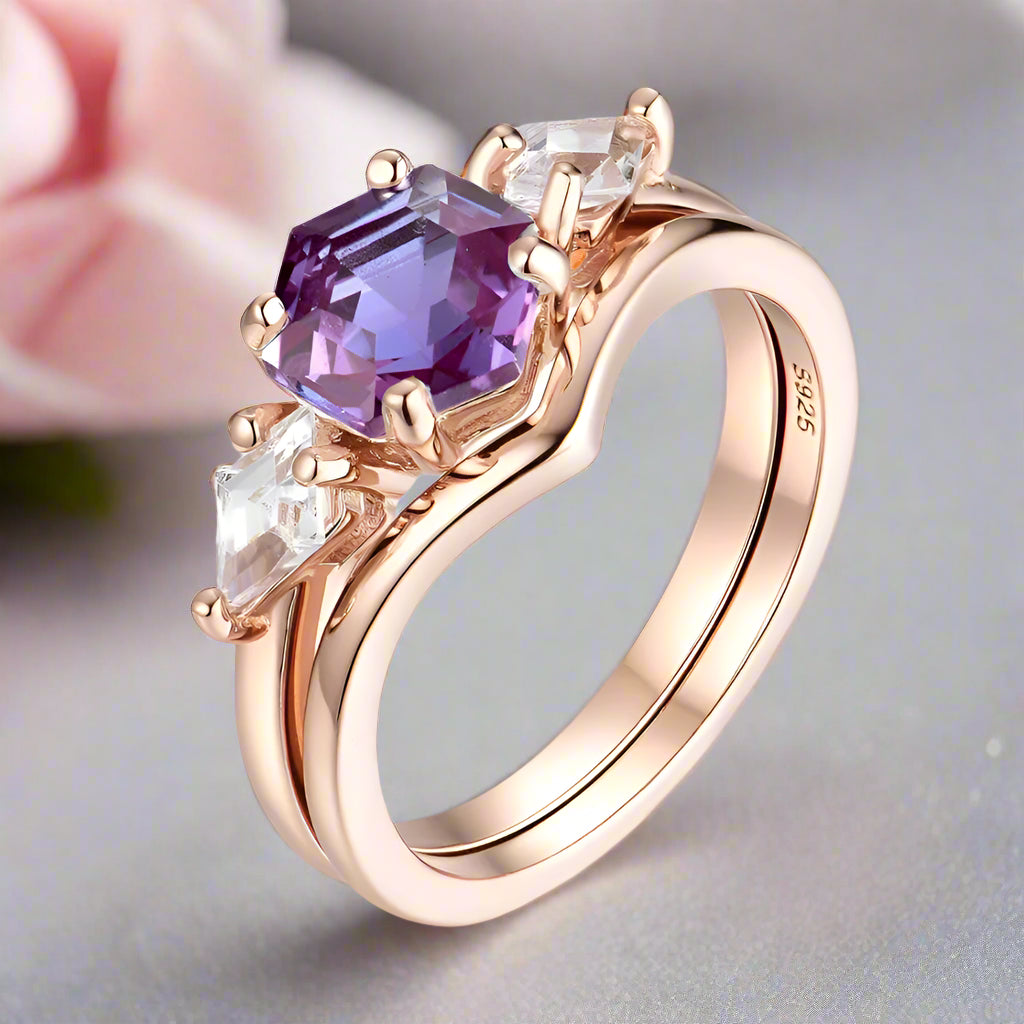Lab Alexandrite Hexagon Wedding Ring Set-Black Diamonds New York