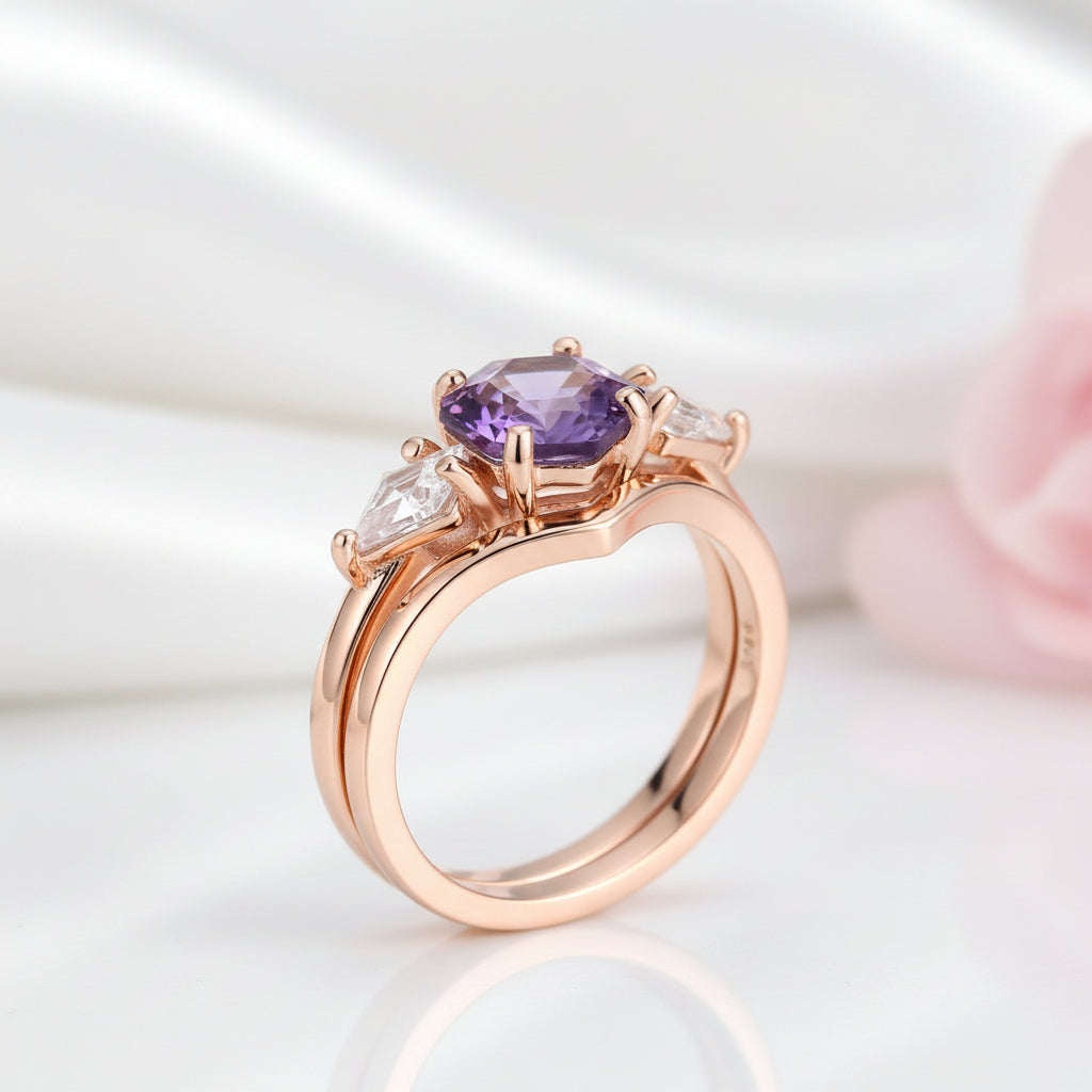 Lab Alexandrite Hexagon Wedding Ring Set-Black Diamonds New York
