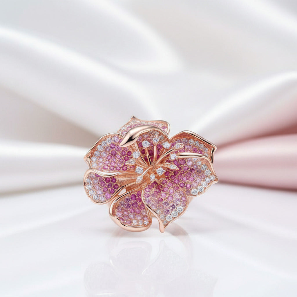 Lab Created Ruby & Sapphire Flower Blossom Ring-Black Diamonds New York
