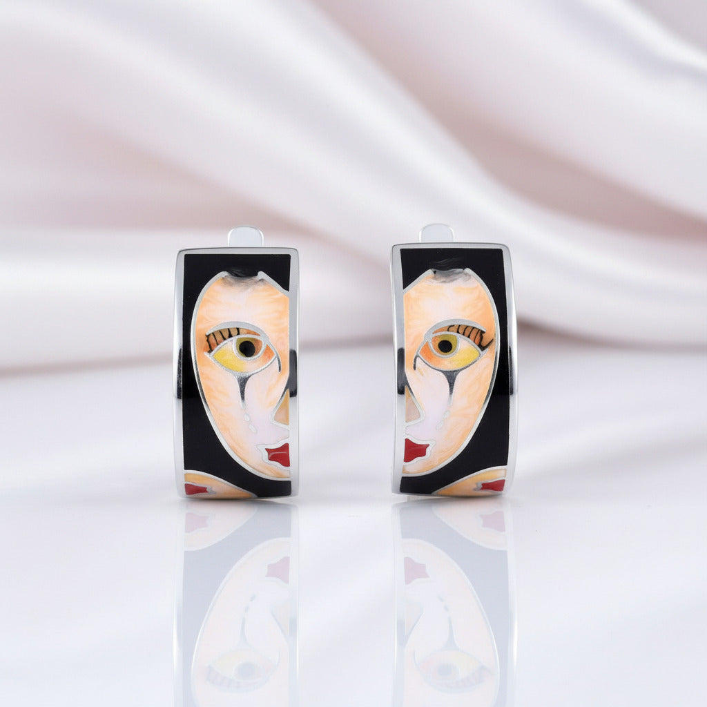 Lady's Face Enamel Earrings-Black Diamonds New York