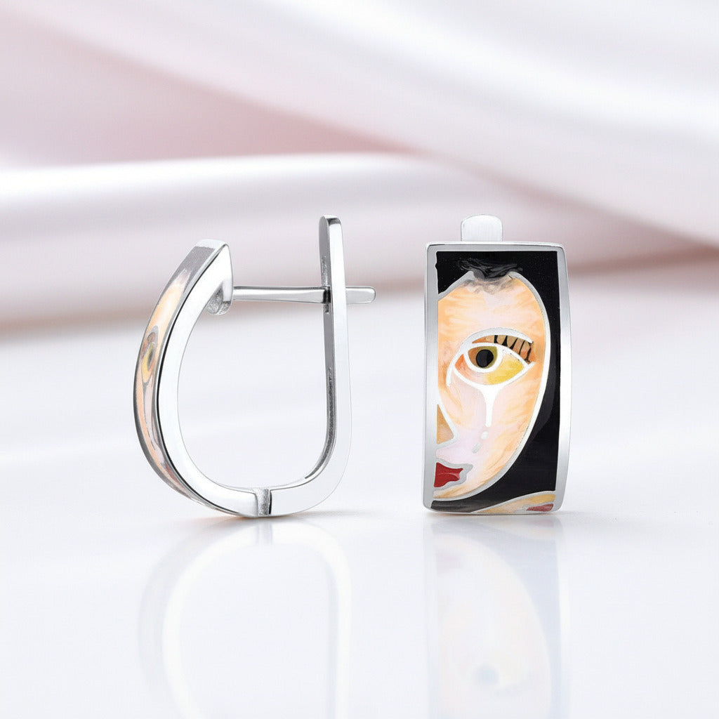 Lady's Face Enamel Earrings-Black Diamonds New York