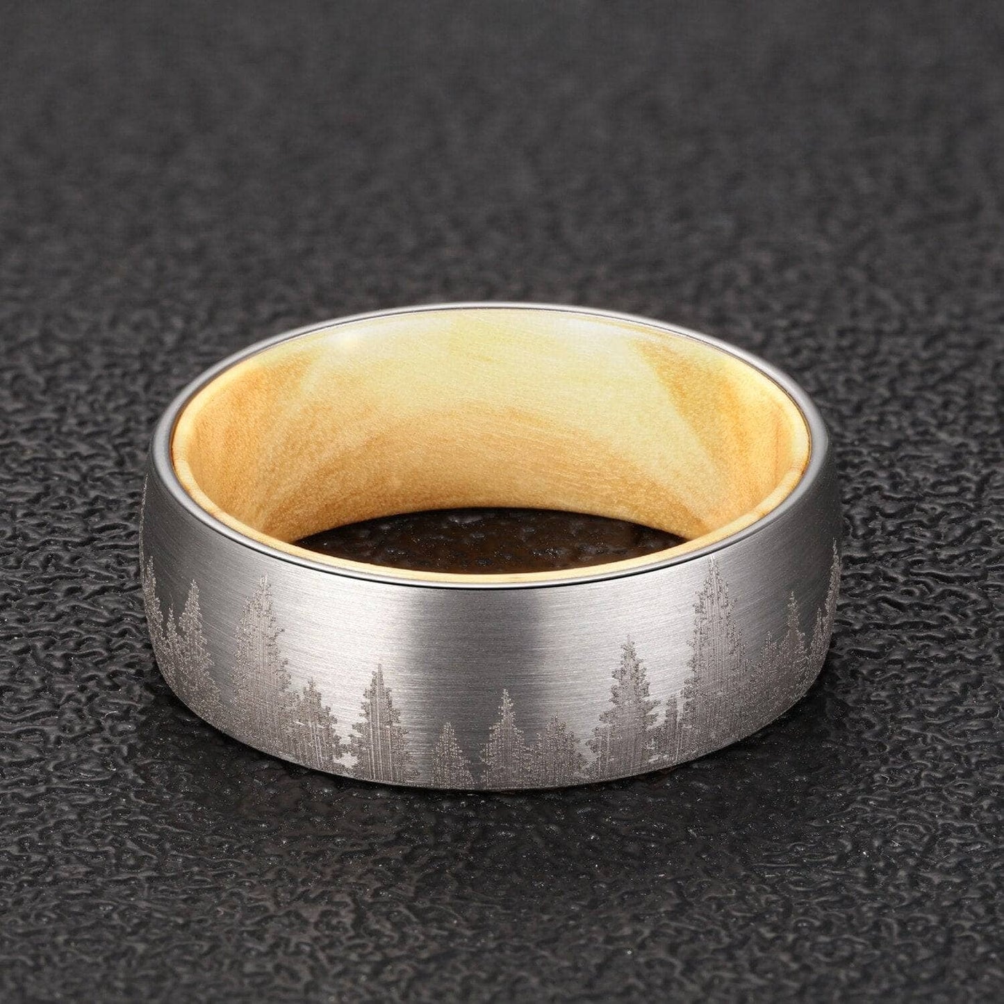 Laser Forest Pattern 8mm Tungsten Steel With Solid Inner Wood Band-Black Diamonds New York