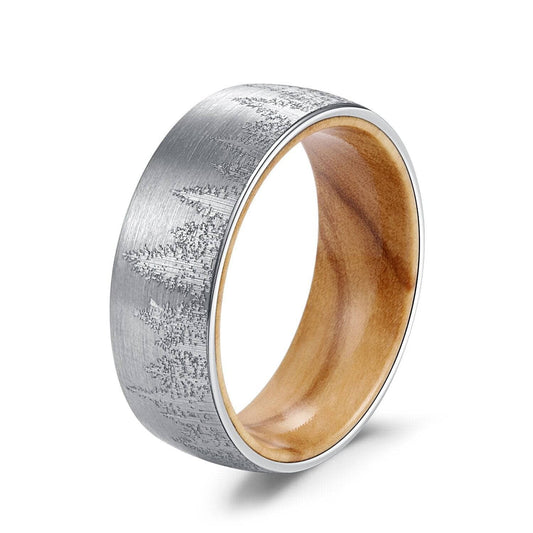 Laser Forest Pattern 8mm Tungsten Steel With Solid Inner Wood Band - Black Diamonds New York