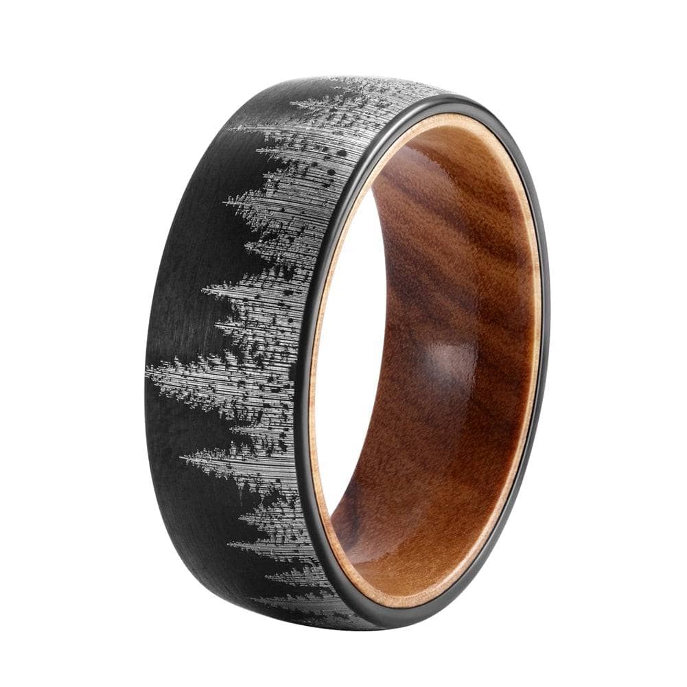 Laser Forest Pattern 8mm Tungsten Steel With Solid Inner Wood Band-Black Diamonds New York