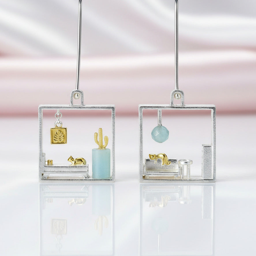Lazy Cat at Home Necklace and Dangle Earrings-Black Diamonds New York
