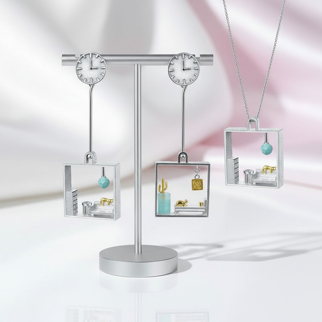 Lazy Cat at Home Necklace and Dangle Earrings-Black Diamonds New York