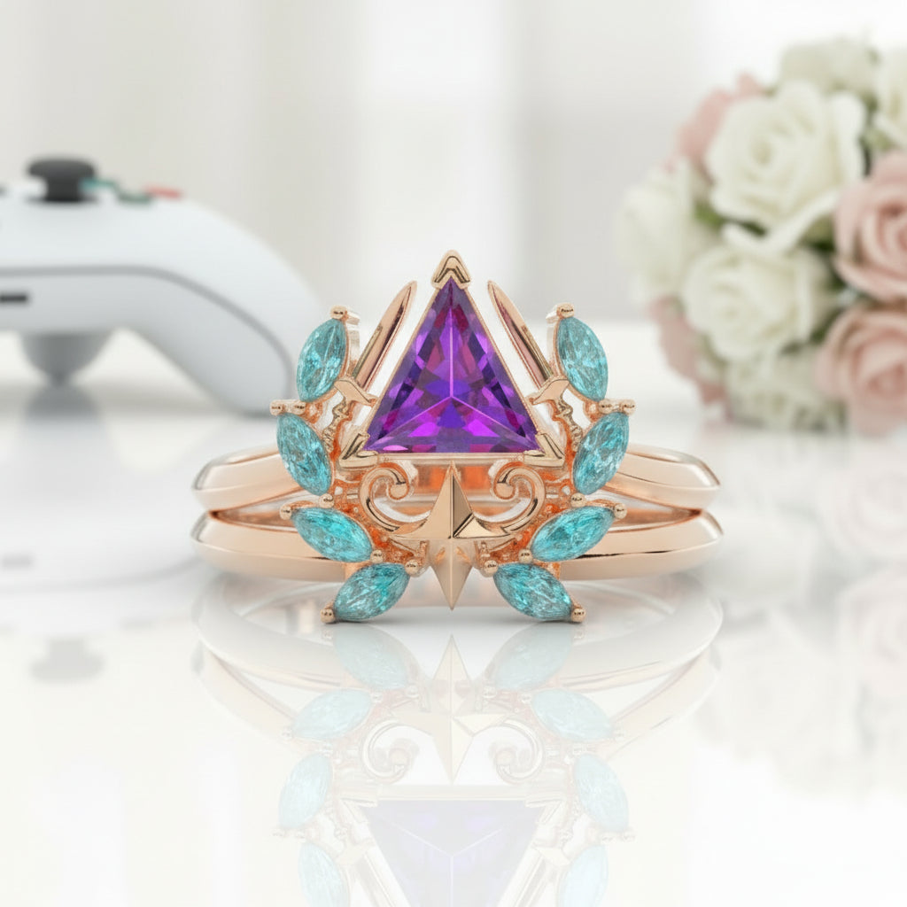 Light Mage Ring Set- 14k Rose Gold Video Game Inspired Rings-Black Diamonds New York