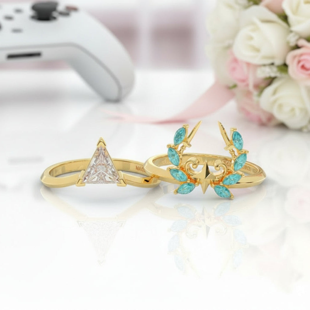 Light Mage Ring Set- 14k Rose Gold Video Game Inspired Rings-Black Diamonds New York