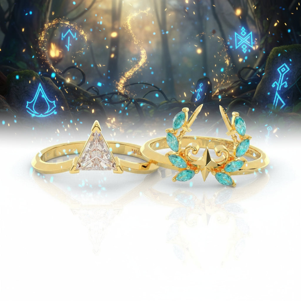 Light Mage Ring Set- 14k Rose Gold Video Game Inspired Rings-Black Diamonds New York
