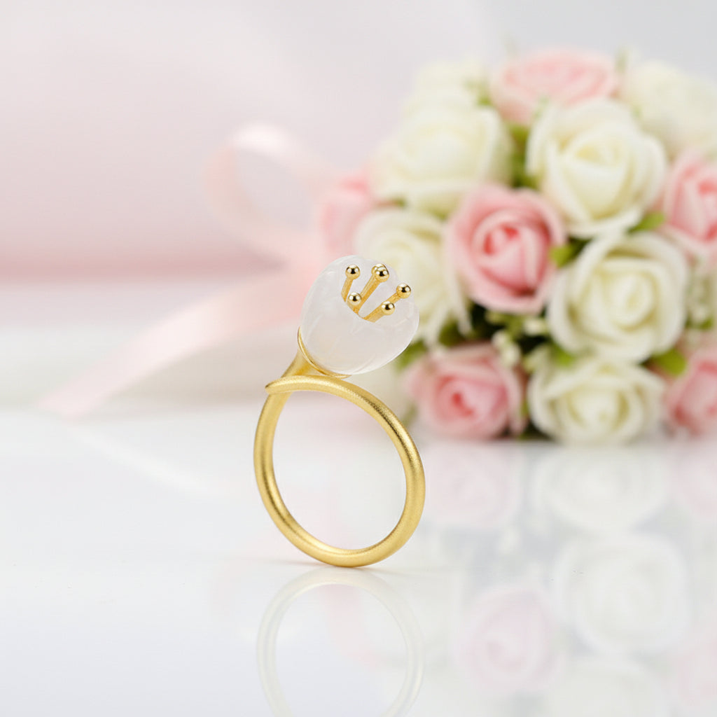 white lily diamonds Lily of the Valley Flower Ring 925 Silver+Yellow Gold / Satin Finish / Resizable