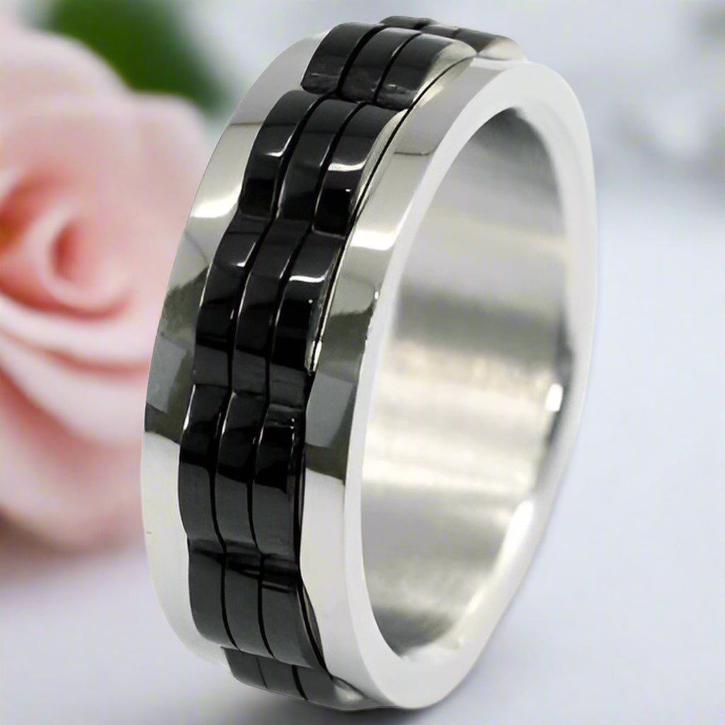 Links Stainless Steel Spin Men's Ring Band-Black Diamonds New York
