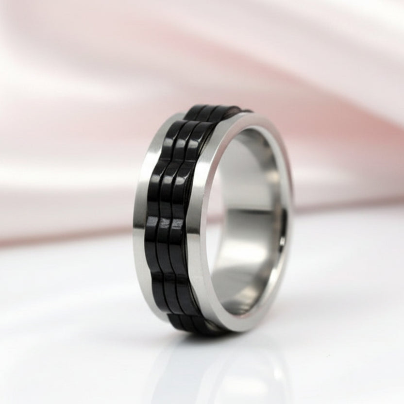 Links Stainless Steel Spin Men's Ring Band-Black Diamonds New York