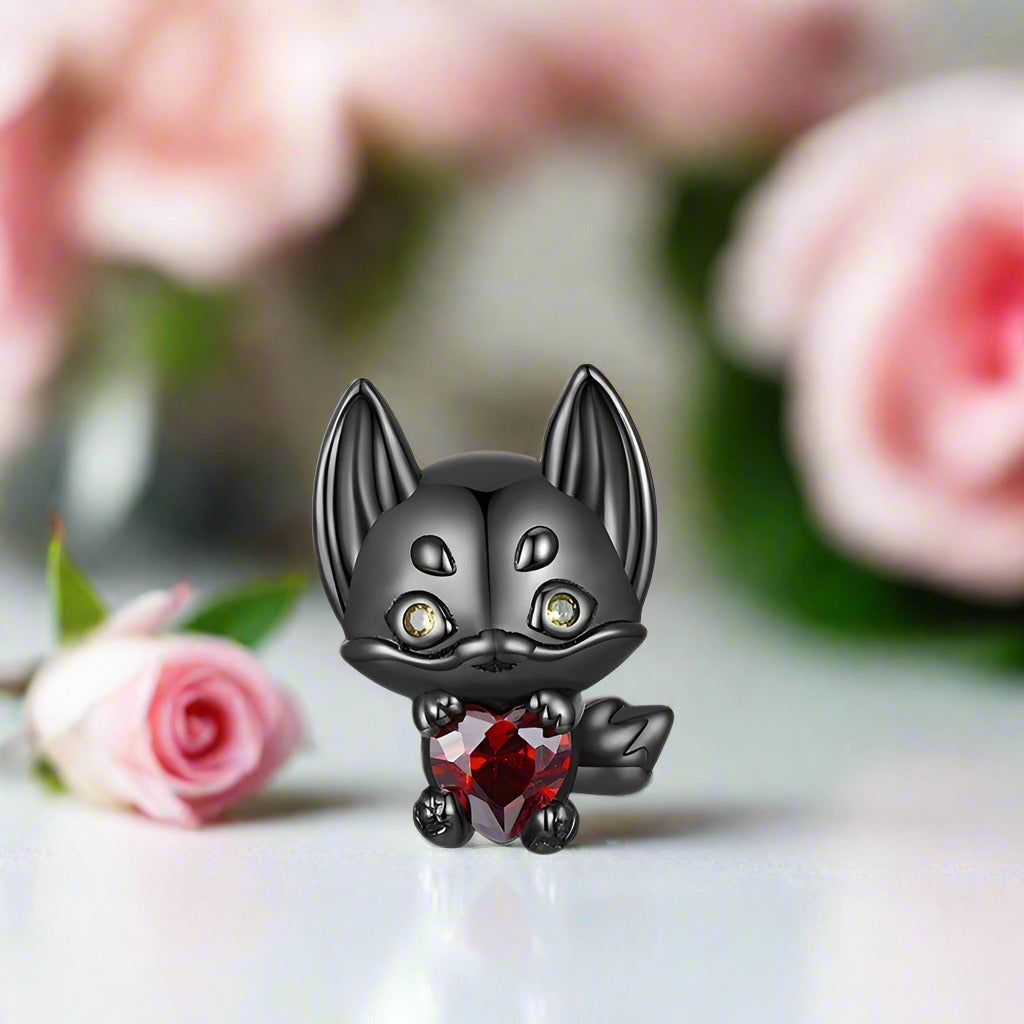 Little Black Fox with Heart Stone Charm-Black Diamonds New York