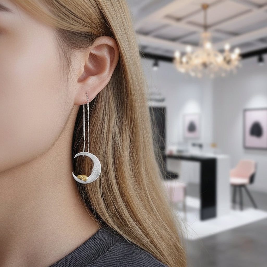 Little Puppy & Moon Dangle Earrings-Black Diamonds New York