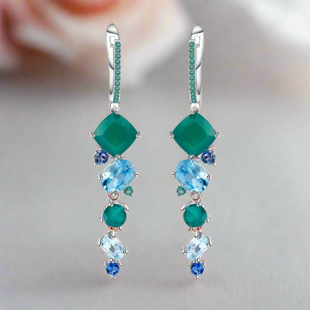 Long Drop Multi Color Natural Topaz Earrings-Black Diamonds New York