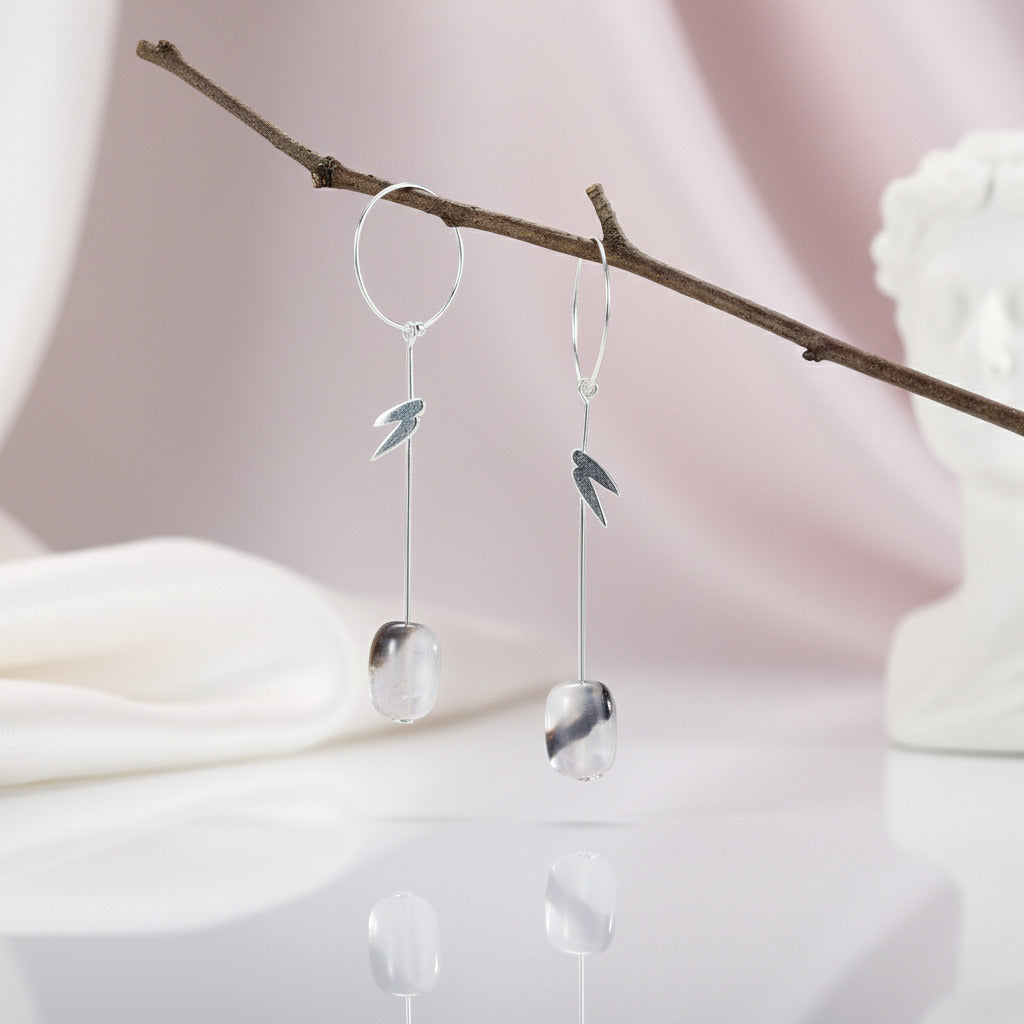 Long Elegant Bamboo Leaves Dangle Earrings-Black Diamonds New York