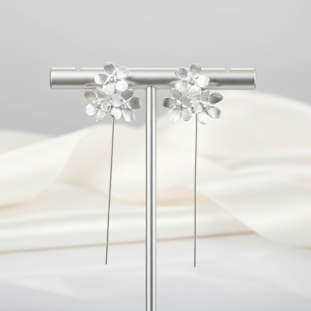 Long Hanging Elegant Forget-Me-Not Flower Dangle Earrings-Black Diamonds New York
