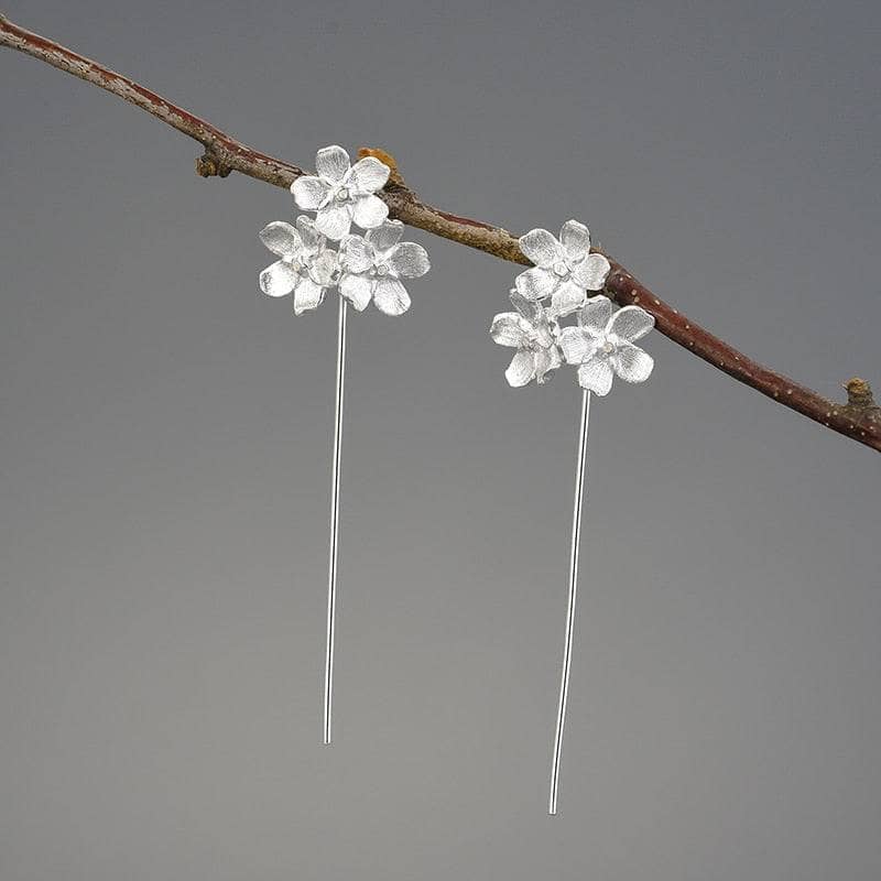 Long Hanging Elegant Forget-Me-Not Flower Dangle Earrings-Black Diamonds New York
