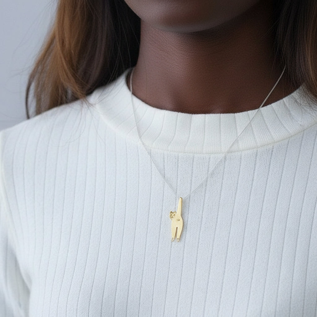 Long Naughty Fashion Cute Cat Necklace-Black Diamonds New York