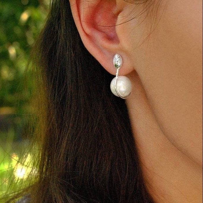 Lotus Flower Mother of Pearl Dangle Earrings-Black Diamonds New York