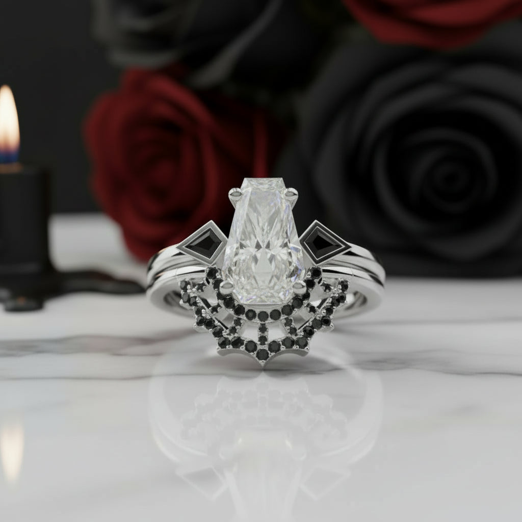 LOVE SPELL- Coffin Cut Diamond Spider Web Gothic Wedding Ring Set-Black Diamonds New York