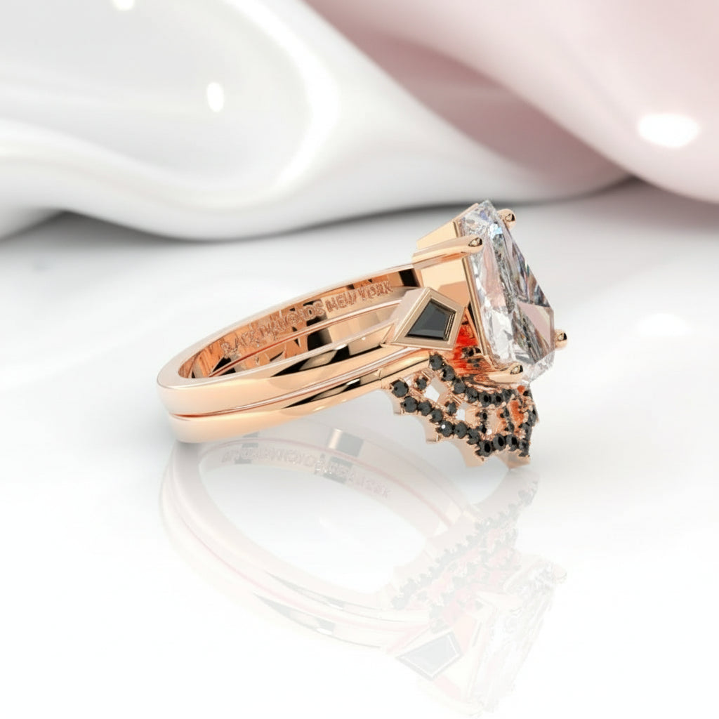 LOVE SPELL- Coffin Cut Diamond Spider Web Gothic Wedding Ring Set-Black Diamonds New York