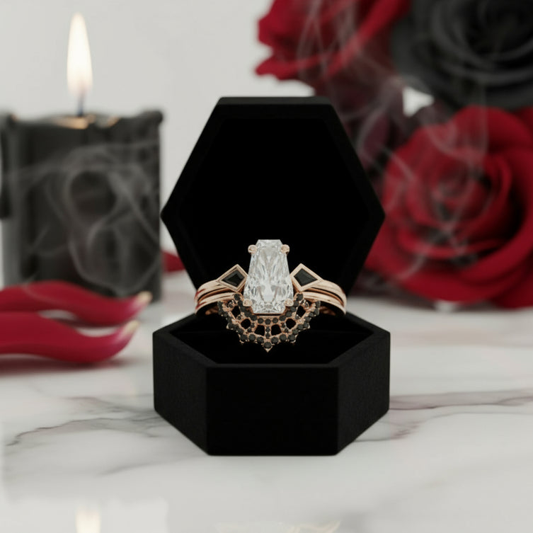 LOVE SPELL- Coffin Cut Diamond Spider Web Gothic Wedding Ring Set