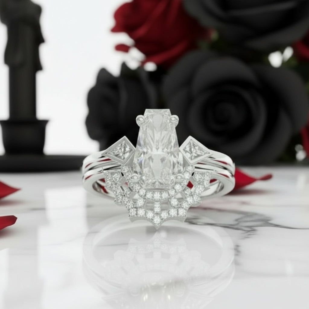 LOVE SPELL- Coffin Cut Diamond Spider Web Gothic Wedding Ring Set-Black Diamonds New York