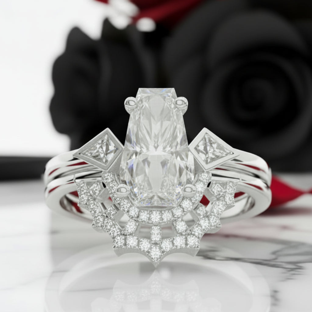 LOVE SPELL- Coffin Cut Diamond Option Spider Web Gothic Wedding Ring Set-Black Diamonds New York