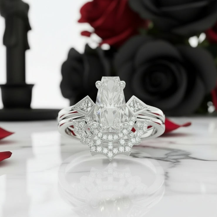 LOVE SPELL- Coffin Cut Diamond Spider Web Gothic Wedding Ring Set-Black Diamonds New York