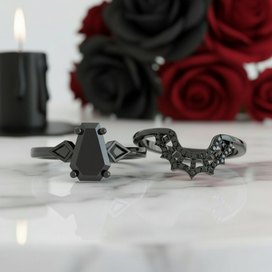 LOVE SPELL- Coffin Cut Diamond Spider Web Gothic Wedding Ring Set-Black Diamonds New York