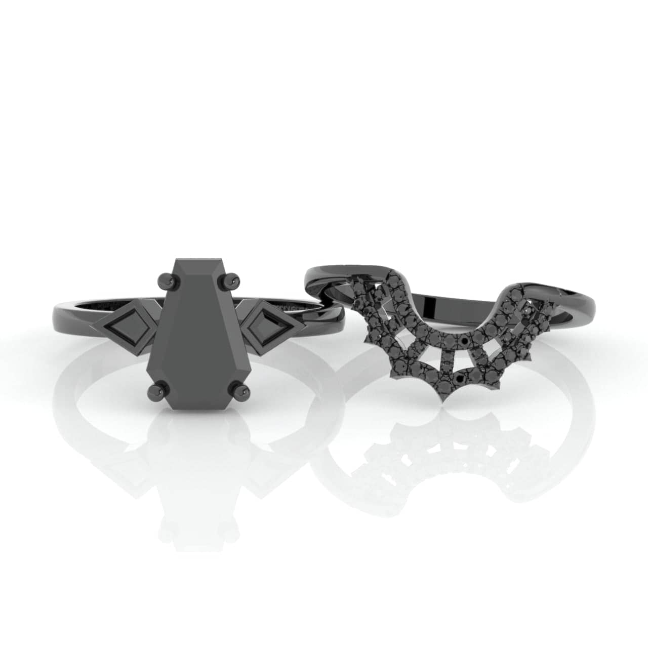 LOVE SPELL- Coffin Cut Moissanite Spider Web Gothic Wedding Ring Set-Black Diamonds New York
