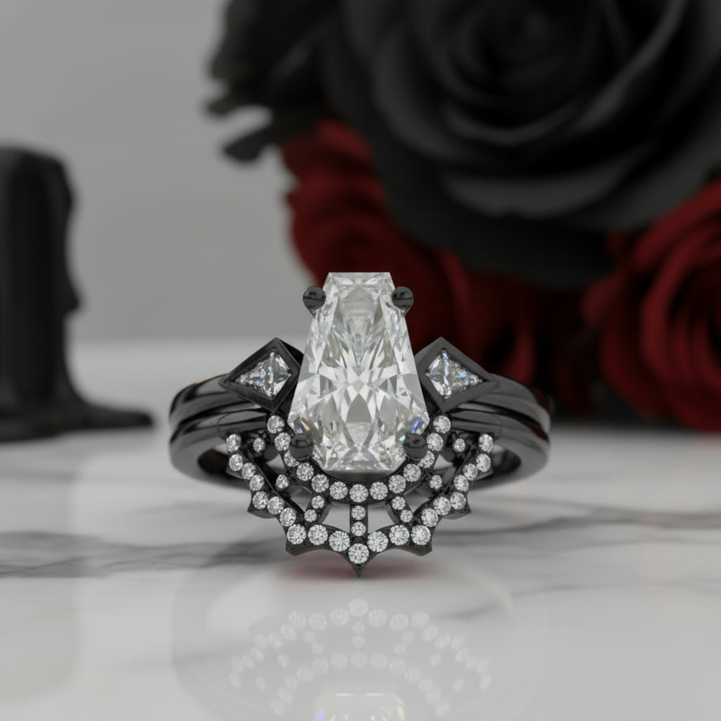 LOVE SPELL- Coffin Cut Diamond Spider Web Gothic Wedding Ring Set-Black Diamonds New York