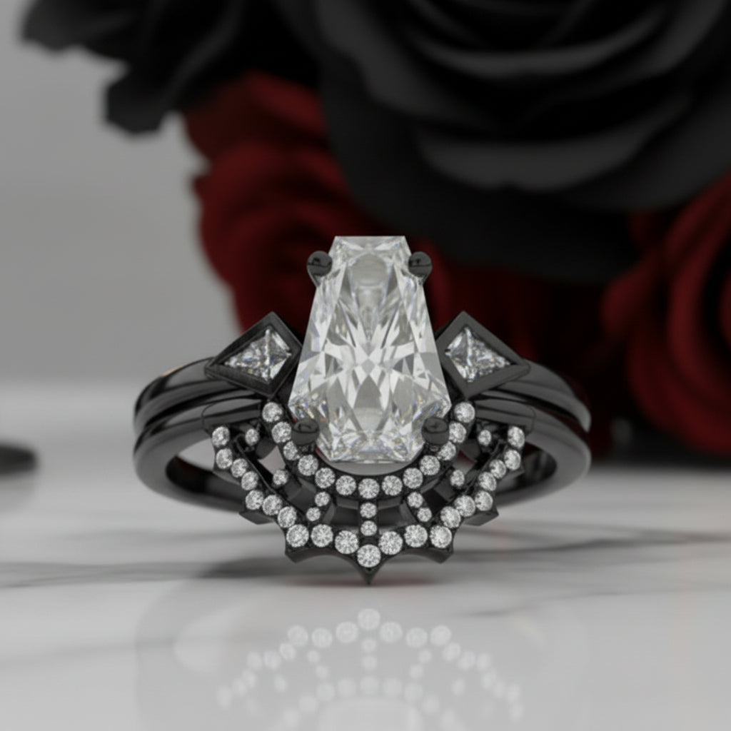 LOVE SPELL- Coffin Cut Diamond Option Spider Web Gothic Wedding Ring Set-Black Diamonds New York