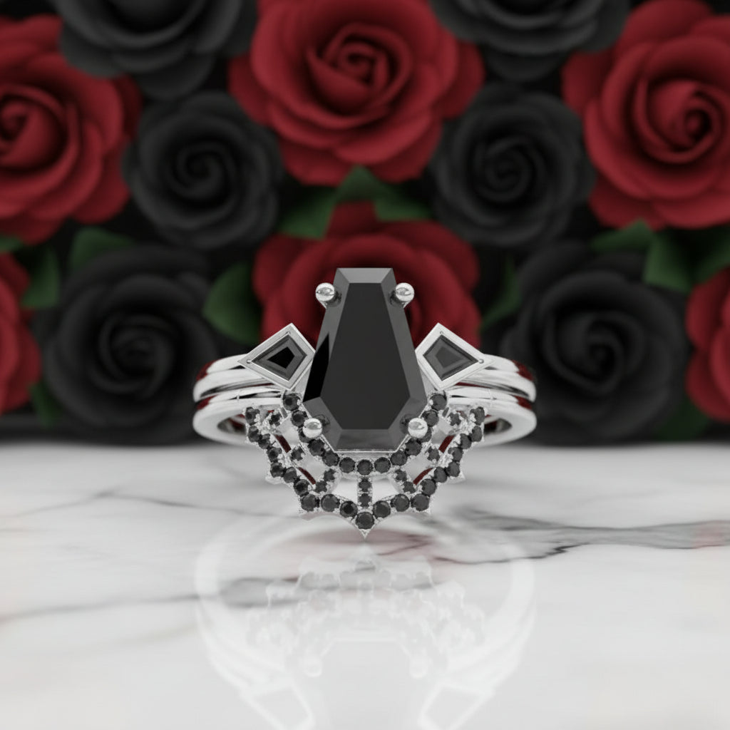 LOVE SPELL- Coffin Cut Diamond Spider Web Gothic Wedding Ring Set-Black Diamonds New York
