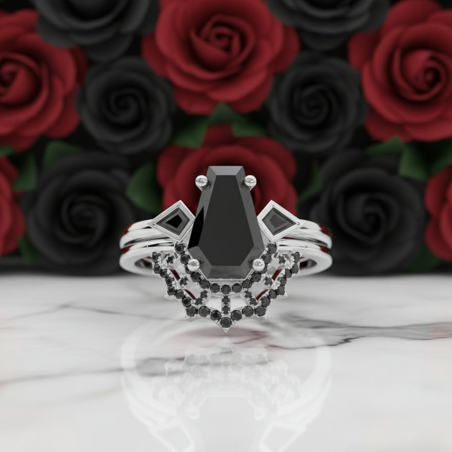LOVE SPELL- Coffin Cut Diamond Spider Web Gothic Wedding Ring Set-Black Diamonds New York