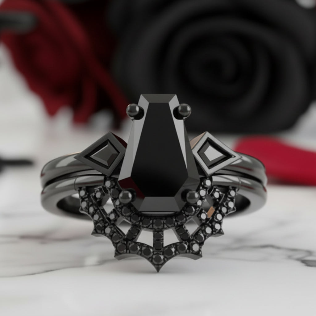 LOVE SPELL- Coffin Cut Diamond Option Spider Web Gothic Wedding Ring Set-Black Diamonds New York