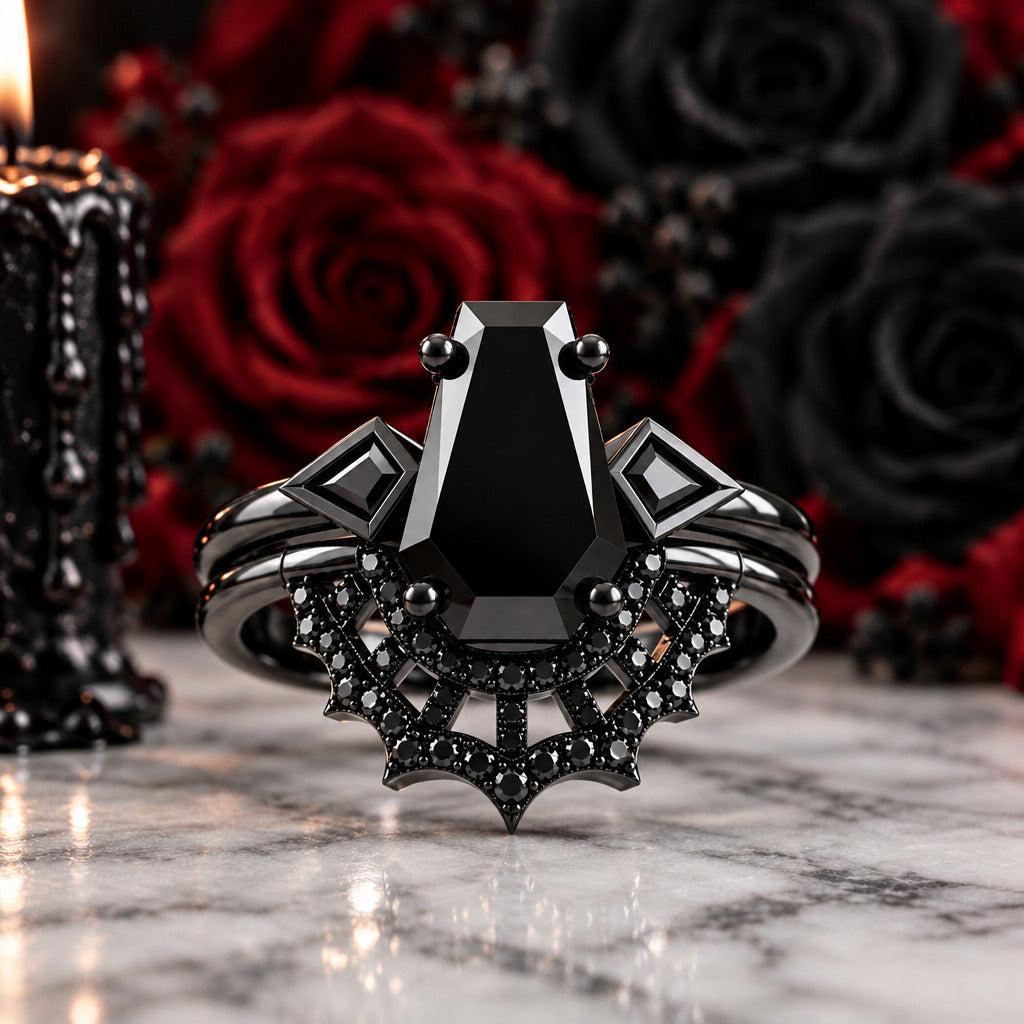 LOVE SPELL- Coffin Cut Diamond Option Spider Web Gothic Wedding Ring Set-Black Diamonds New York