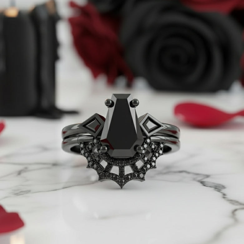 LOVE SPELL- Coffin Cut Diamond Spider Web Gothic Wedding Ring Set-Black Diamonds New York
