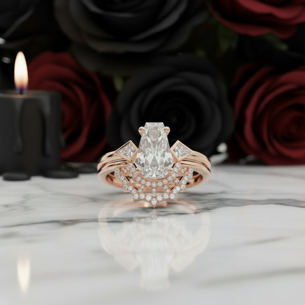 LOVE SPELL- Coffin Cut Diamond Spider Web Gothic Wedding Ring Set-Black Diamonds New York