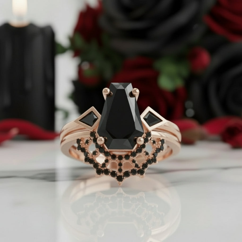LOVE SPELL- Coffin Cut Diamond Spider Web Gothic Wedding Ring Set-Black Diamonds New York